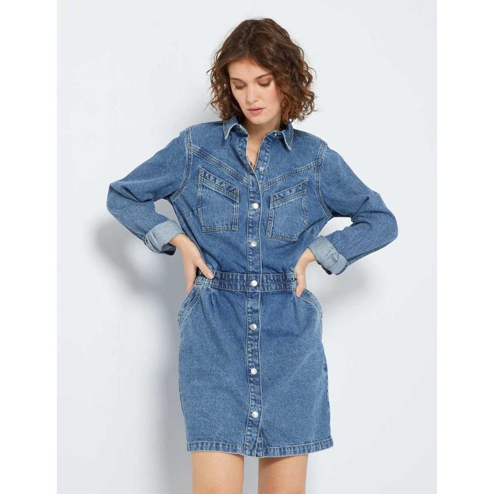 Kiabi Size 2 Denim Shirt Mini Dress Long Sleeve Snap Front Elastic Waist Pockets
